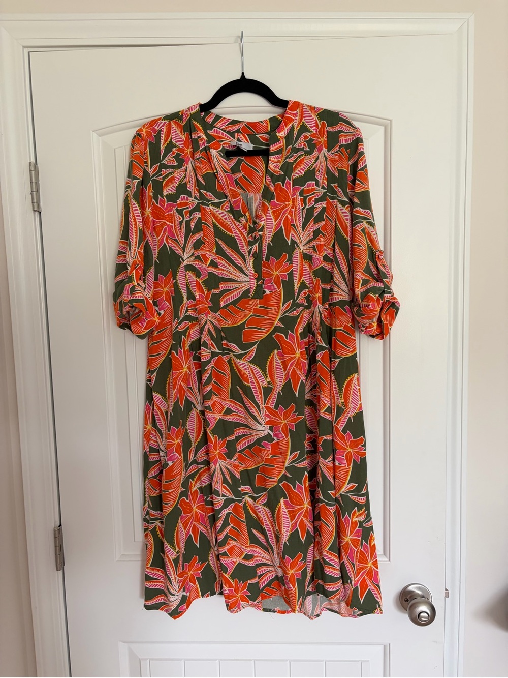 Kim Rogers Olive Green Midi Dress with Pink & Orange Floral Print